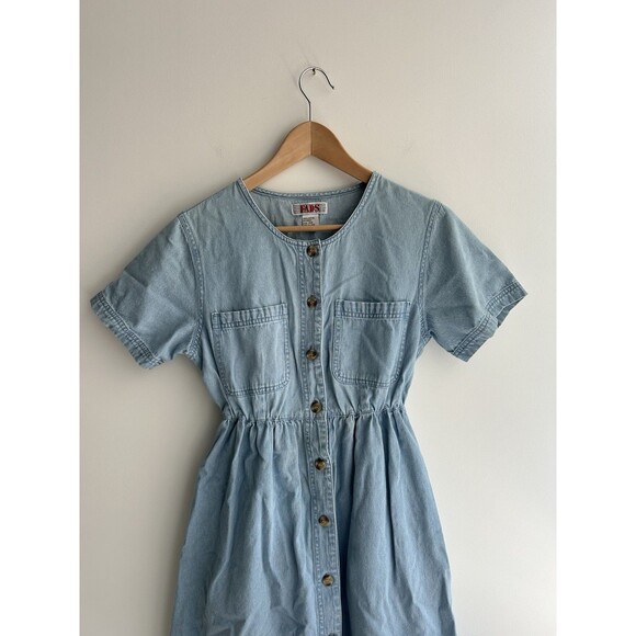 Vintage Fads Short Sleeve Button Down Denim Midi Dress Cottage Core Size PM - Picture 2 of 10